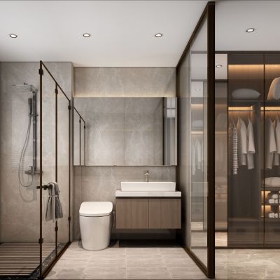 现代主卫衣帽间 马桶 洗手台 衣柜 衣物 花洒