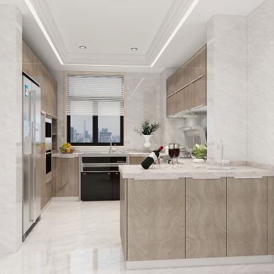 现代厨房，橱柜，吧台，厨房用品，洗碗机，消毒柜，双开门冰箱