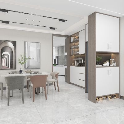现代轻奢家居餐厅，进门玄关鞋柜，入户防盗门，餐桌，酒柜，厨房
