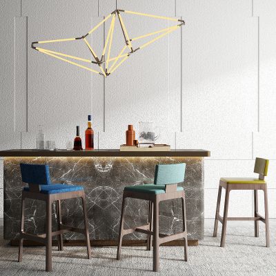 现代吧台椅 吊灯 酒水 饰品组合