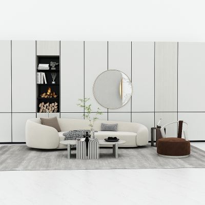 现代休闲沙发茶几组合，异形弧形沙发，三人座沙发，沙发储物背景墙