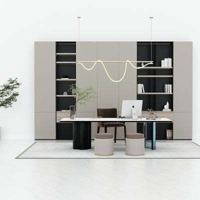 现代轻奢书房书柜，书架，储物柜，书桌，写字台，老板台，书房吊灯