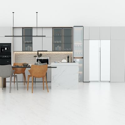 现代开放式厨房橱柜，消毒柜，吊地柜，岛台餐桌，集成灶，双开门冰箱