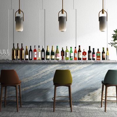 现代吧台椅 吊灯 酒水 饰品组合