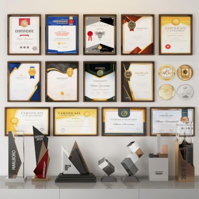 现代奖状 奖杯 证书 荣誉证书 勋章 雕塑 摆件 荣誉墙 展厅3D模型