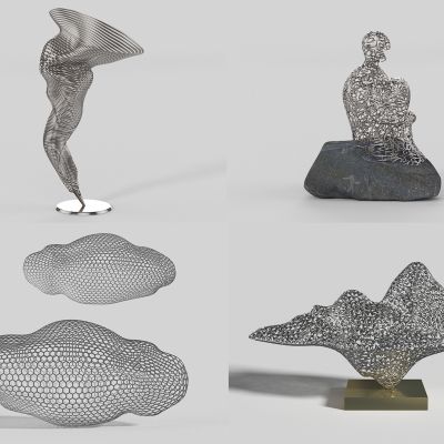 现代工艺品 云朵 假山 人物 网格雕塑摆件