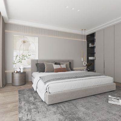 现代家居卧室，主卧，次卧，客卧，卧室背景墙，双人床，衣柜