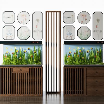 新中式鱼缸 屏风 隔断组合