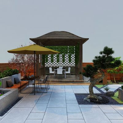 现代别墅庭院景观，绿植，狗窝，凉亭，亭子，迎客松，荷花池，室外休闲餐桌椅