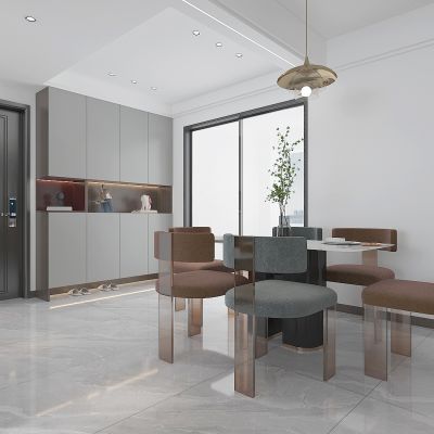 现代家居餐厅，餐桌，鞋柜，入户防盗门