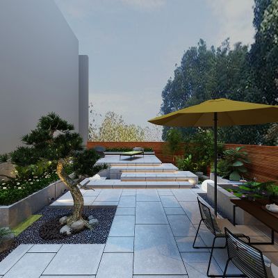 现代别墅庭院景观，绿化带，绿植，灌木丛，迎客松，荷花池，室外休闲餐桌椅