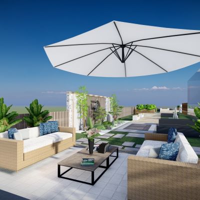 新中式 别墅庭院景观 院落景观 汀步景观 屋顶绿化