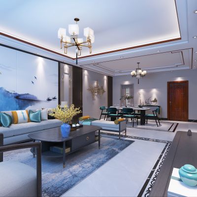 新中式客餐厅 吊灯 软装 硬包 壁画 沙发套装