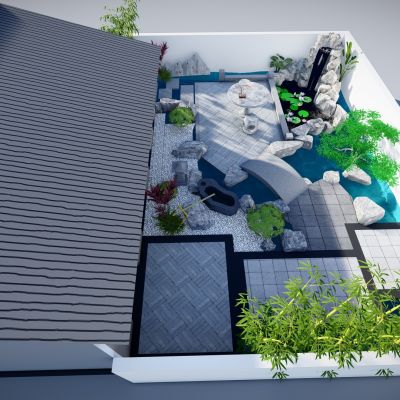 中式庭院假山景观 庭院景观 别墅庭院景观 江南小院景观