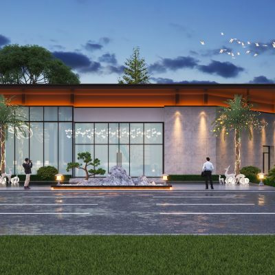 现代售楼部景观绿化假山霓虹灯树