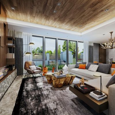 现代别墅客厅餐厅