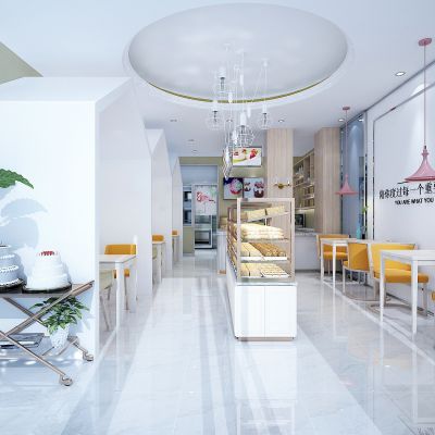 现代面包店，蛋糕房，面点店，甜品店，面包架，收银台，后厨，餐桌，独立餐区
