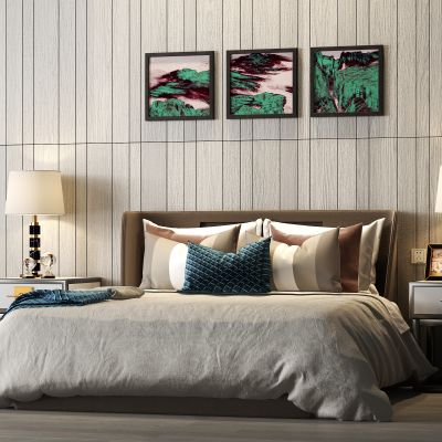 现代轻奢布艺双人床床头柜饰品组合