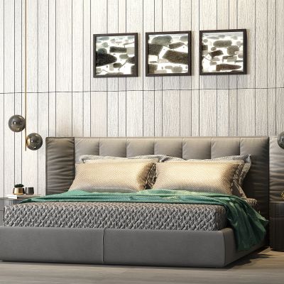 现代轻奢布艺双人床床头柜饰品组合