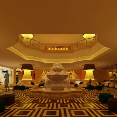 简欧KTV欧式大堂 大灯柱 地铺 圆沙发卡座 喷泉 自动扶梯