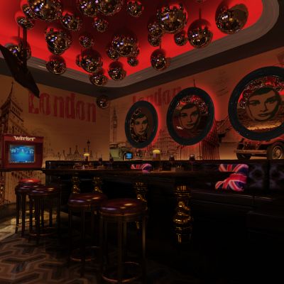 工业风KTV英伦风主题包间 卡座 电话亭 吧椅 魔球灯