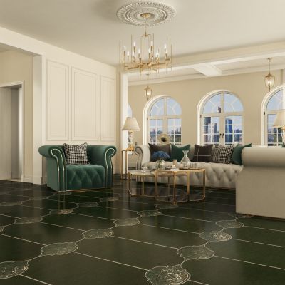 美式别墅客厅 沙发 墨绿