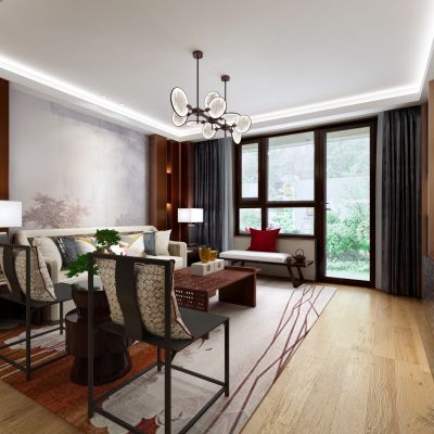 新中式客厅 沙发组合 吊灯 装饰品