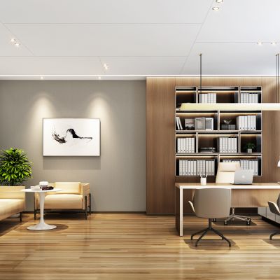 现代办公室 经理室 班台 背柜 沙发 金属长条吊灯