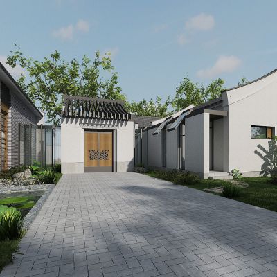 中式微派建筑园林，庭院，荷花池，植物堆，景观石，大门，门楼，草坪，草地，花草树木