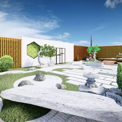 新中式 枯山水庭院景观  别墅庭院景观 花园庭院景观