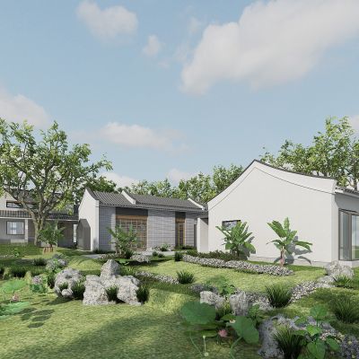 中式微派建筑园林，庭院，植物堆，景观石，草坪，草地，灌木，乔木，花草树木