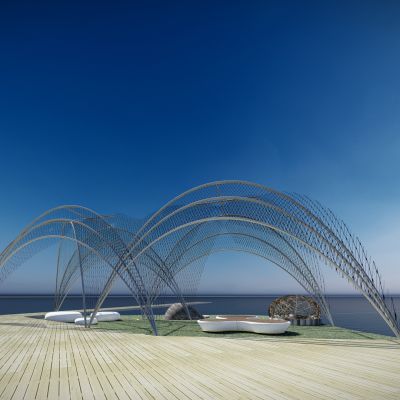 现代 景观弧形座椅廊架 弧形景观凉亭鸟笼景观休息亭