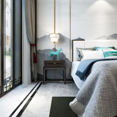 新中式双人床 床头柜 吊灯