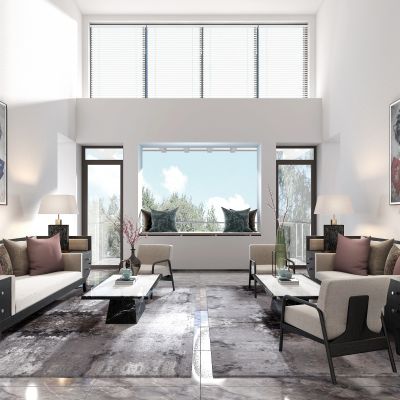 新中式客厅 沙发 椅子 茶几 角几 装饰品