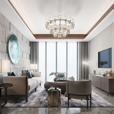 新中式客厅 茶室 沙发 椅子 茶几 角几 电视柜  吊灯 台灯