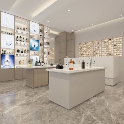 现代护肤品专卖店，化妆品专卖店，护肤品展示架，柜台，展示台，服务台，展架