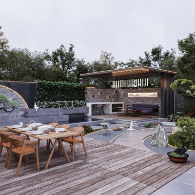 现代别墅庭院，别墅花园，花园水系