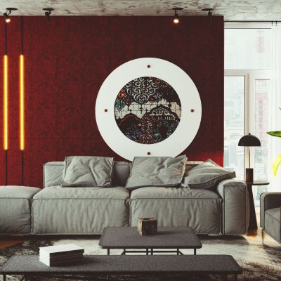 现代高级灰中国红客厅