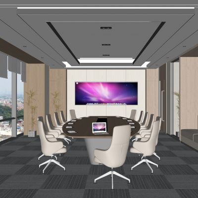 现代会议室|实木会议桌|多人会议桌|皮质办公椅|转椅|电子显示屏|