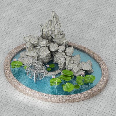 现代喷泉水景，假山水景水池，荷花池，荷叶，广场景观池