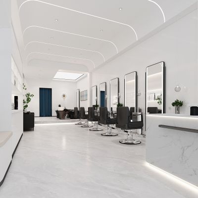 现代美容美发店，理发店，洗头椅，理发镜台，理发椅，服务台，接待台
