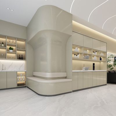 现代美容美发店，理发店储物柜，产品展示柜，洗手柜，休息区，等候区