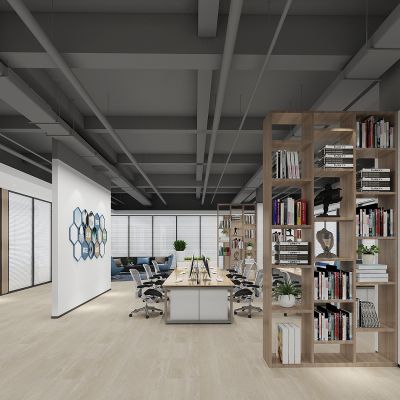 现代办公室办公区，办公桌椅，电脑桌椅，工位，玻璃高隔隔断，装饰柜隔断