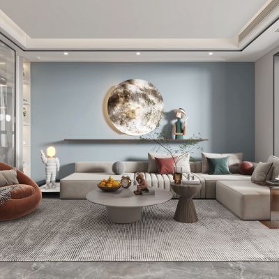 现代客厅餐厅，沙发，餐桌，电视柜，酒柜，吊灯，装饰画