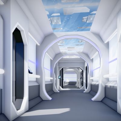 现代科幻科技展厅走道  科幻太空舱走廊  科技体验馆走廊