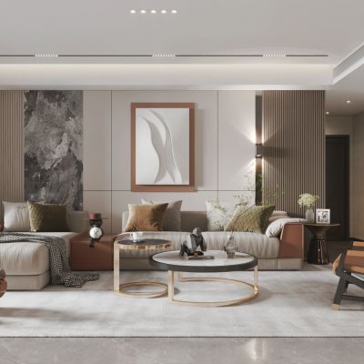 现代客厅餐厅，沙发，餐桌，电视柜，酒柜，吊灯，装饰画