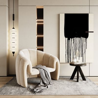 侘寂风单人沙发  边几 装饰画  吊灯