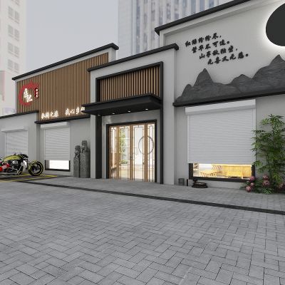 新中式门头，门面，门脸造景墙，餐饮门店，商铺，饭馆，汽车，摩托车，大门3D模型