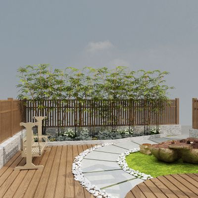 现代别墅花园，庭院露台景观，园艺景观小品，茶海，竹子花坛，石头小径，围栏