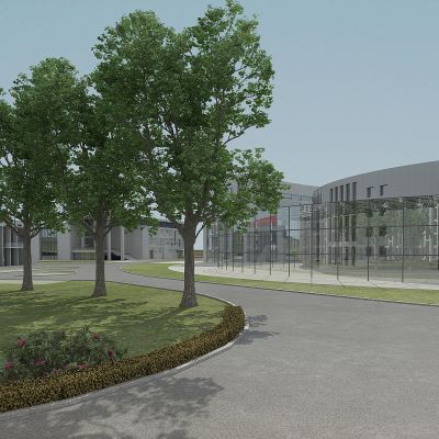 现代小区楼盘景观，商业建筑，户外住宅建筑外观，草地，树木，绿化带，植物堆 